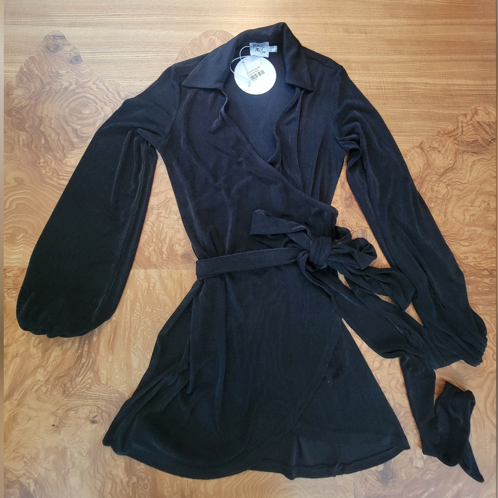 Princess Polly Black Balloon Sleeve Wrap Dress NWT
